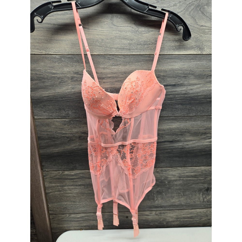 Victorias Secret Very Sexy Lace Mesh Rhinestone Garter Corset 34C Coral Pink